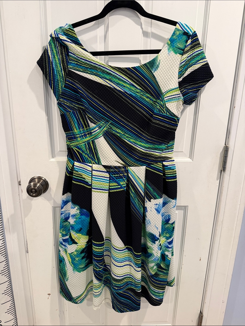 Dress Barn Short-Sleeve Striped Floral Midi Dress in Blue and Green